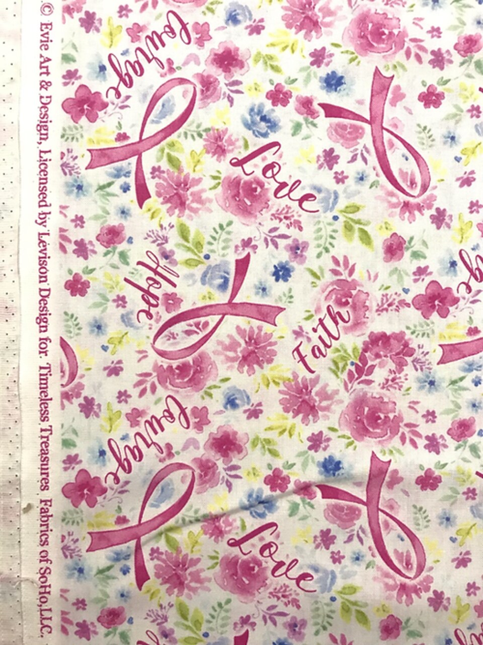 1 Yard Pink Ribbon Cotton Fabric White 44/45″ Wide Breast Cancer Awareness Print